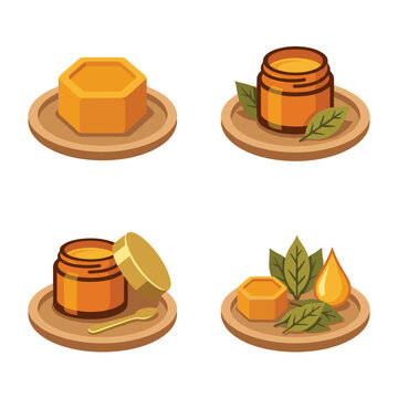 Pixel Art Honey And Skincare Products Set With Beeswax Jars And Herbal Leaves On Wooden Plates