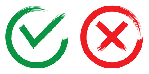 Check mark grunge icon set. Hand drawn doodle checkmark and cross icons set checklist marks in box and circle grunge brush style vector. Brush, marker drawn check mark and cross icon set Collection © Top