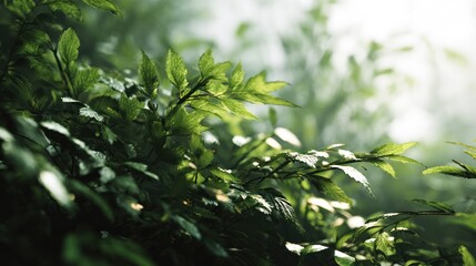 Naklejka premium Lush green foliage with sunlight shining through a dense forest canopy
