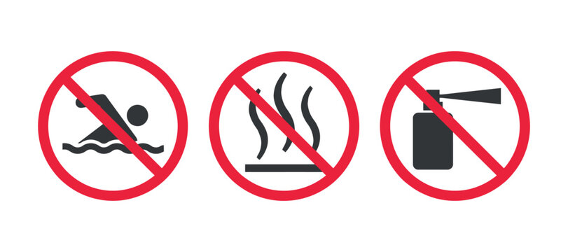 Prohibition Signs Featuring Swimmer Flames And Spray Can Vector Illustration