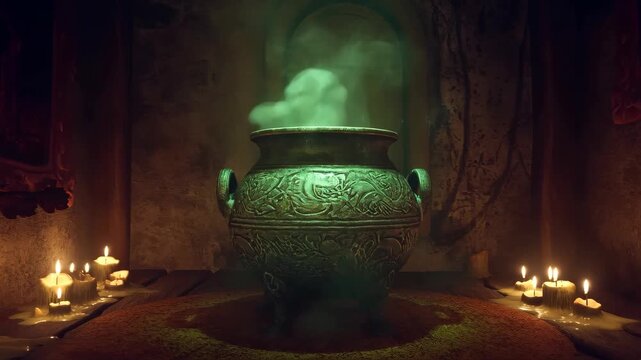 Mystical cauldron emitting green smoke in dimly lit room