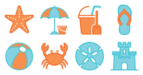 Beach Icons Featuring Starfish Umbrella And Sandcastle Vector Illustration © MOHAMMAD
