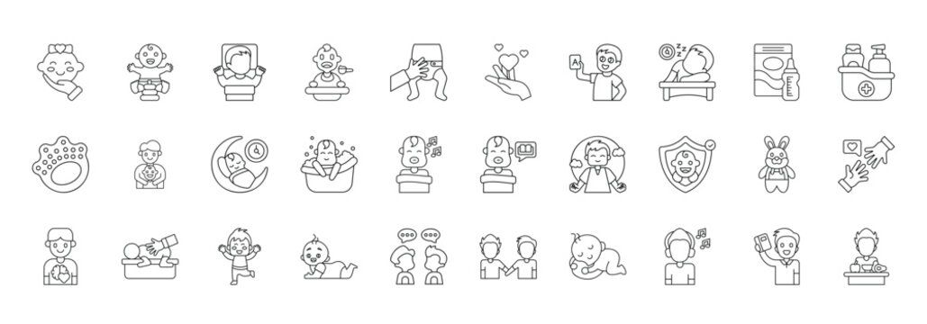 Child Care Icon set Collection in Line Style. baby, toddler, toys, playful, parenting, family