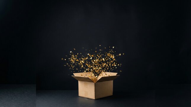 Cardboard box exploding with golden confetti and stars on a dark background