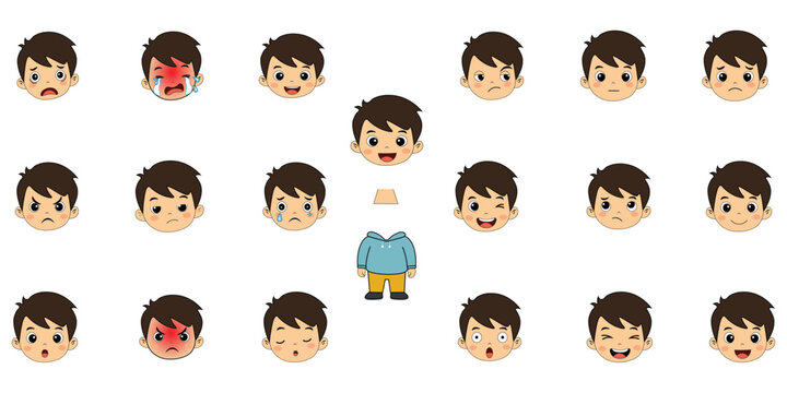Mega bundle boy character creator kit, cute cartoon kid face avatar builder with various emotions and expressions vector illustration