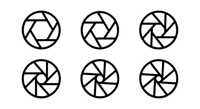 Camera Aperture Icons Set, Photography Diaphragm Blades, Circular Iris Symbols, Vector Graphics