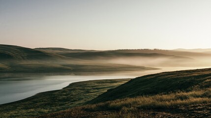 Fototapeta premium Peaceful Green Pastures Beside Still Water at Sunrise, Serene Pastoral Landscape with Morning Mist