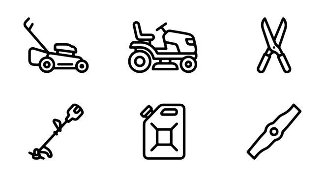 Gardening Tools Vector Icons: Lawn Mower, Trimmer, Shears, Fuel Can, Blade