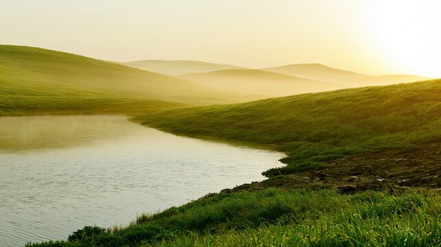 Peaceful Green Pastures and Still Water in Morning Mist, Serene Psalm 23 Inspired Pastoral Landscape Banner