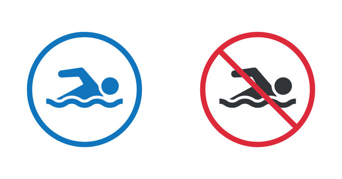 Swimming prohibition icons flat two color style with circular frames