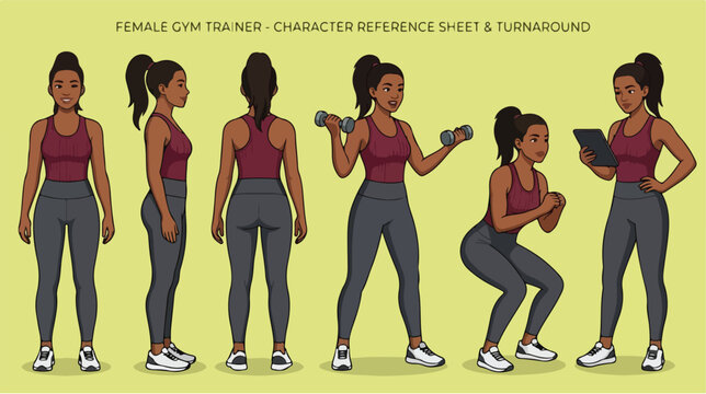 Female gym trainer character reference sheet and turnaround poses.