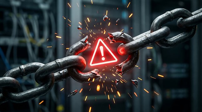 Broken metal chain with a glowing red warning triangle symbol floating in a dark server room representing a critical cybersecurity network failure