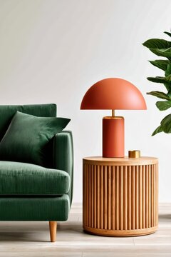 Minimalist living room with dark green sofa, wooden side table and terracotta dome lamp