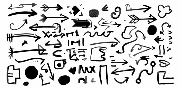set of arrows and symbols alphabet letters numbers vector illustration icon set hand drawn doodle sketch design pattern