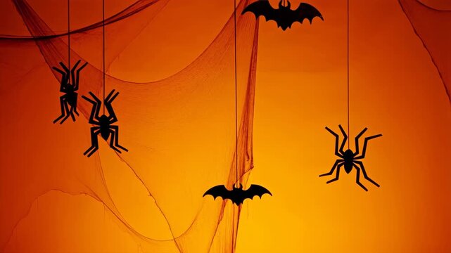 Halloween decorations with spiders and bats on orange background