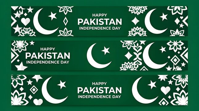 Pakistan independence day banners with crescent moon stars and floral motifs
