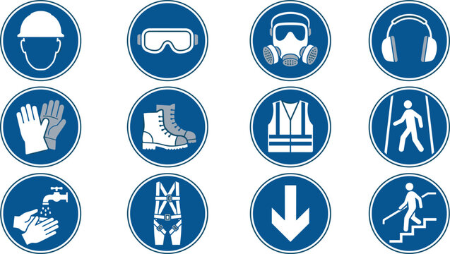 Mandatory Personal Protective Equipment ISO Icon Set with Industrial Safety Helmet Goggles Respirator Gloves Boots and High Visibility Vest Compliance Regulation Symbols