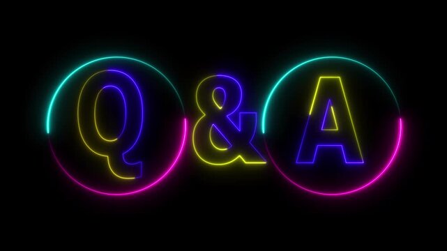 Glowing neon Question and Answer icon isolated on black background. Chat speech bubble and chart. Question and Answer icon animation. questions and answers concept Q and A design. Q and A symbol.