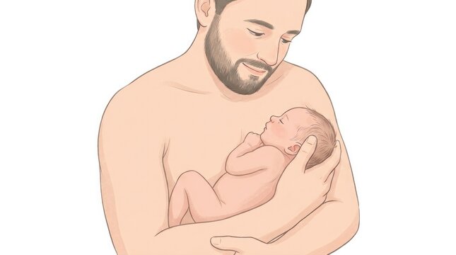 Father and newborn skin to skin bonding embrace in gentle illustration for parenting and family love background design