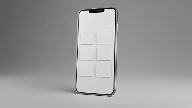 Smartphone displaying generic social media feed mockup, blank post images and text placeholders, clean white interface, soft studio lighting, minimal background, smooth camera pan, ultra realistic, 4K
