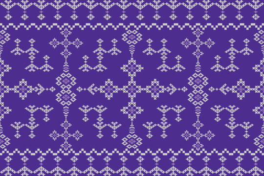 Purple Cross Stitch Border Pattern, Hmong Tribal Embroidery Fabric Design, Geometric Ethnic Folk Textile Motif