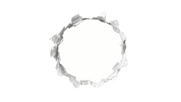 Rugged circle torn paper hole on transparent background for creative design projects with textured edges and realistic fiber details providing unique framing element for photos and artwork