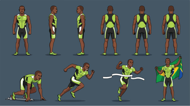 Male sprinter athlete character poses set for sports animation and game design.