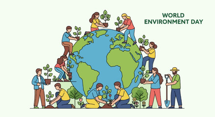 Fototapeta premium Group of Diverse People Planting Trees Around Globe for Environmental Conservation Illustration
