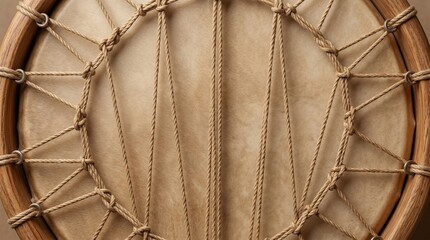 Fototapeta premium Close-up shot of a traditional handmade drum showing intricate lacing and texture of the drumhead and wooden frame
