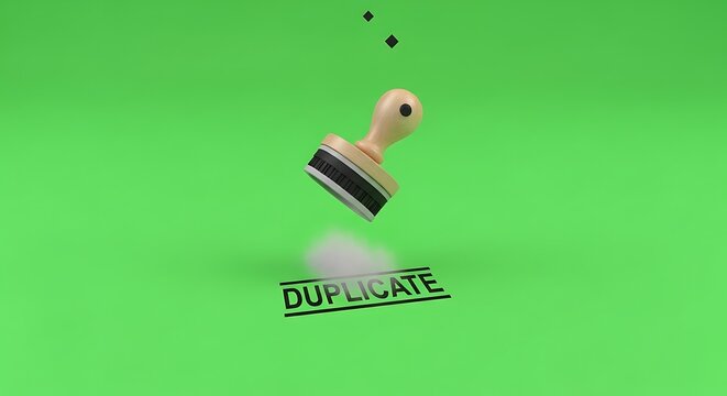 Wooden stamp imprinting "DUPLICATE" onto a surface with smoke effect