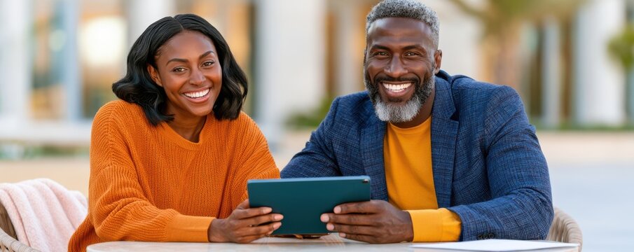 Smiling couple using a tablet together at an outdoor cafe while discussing plans and business