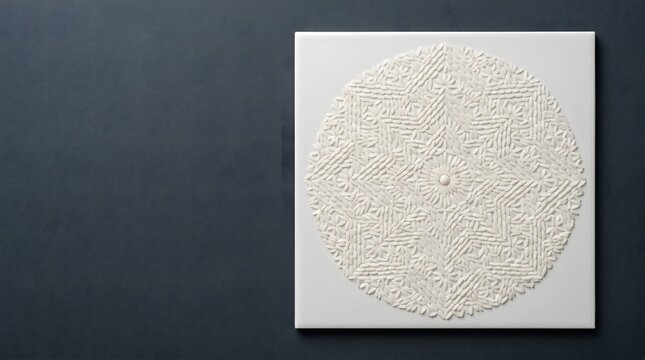 White ceramic tile with elaborate symmetrical geometric pattern made from precisely placed individual rice grains on dark slate surface, pattern recognition obsessive order neurodiversity OCD 