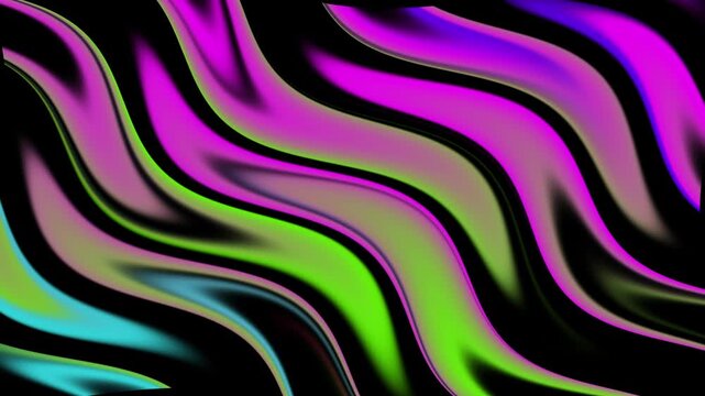 Abstract background with smooth liquid waves of neon purple and bright green colors on a black background. Trendy colorful satin silk fabric pattern or aurora borealis effect for modern digital design