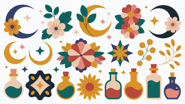 Large assortment of celestial moons stars folk flowers and mystical potion bottles
