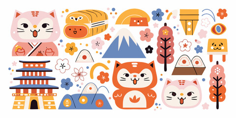 Fototapeta premium Japanese Culture Vector Illustration Featuring Cats Mountains And Floral Ornaments