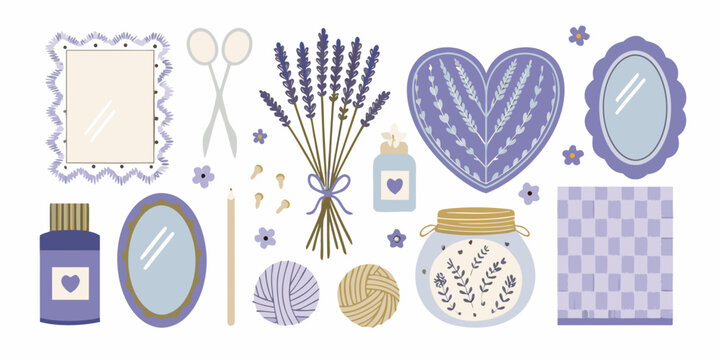 Lavender Collection With Mirrors Scissors And Yarn Vector Illustration