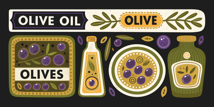 Olive oil and olives a colorful vector illustration with labels
