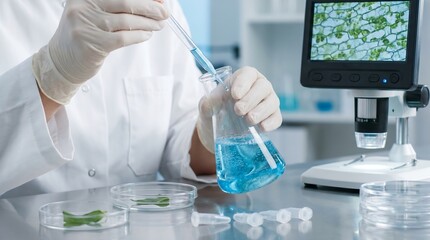 Fototapeta premium Scientist in lab coat carefully pouring blue liquid into beaker near microscope and petri dishes.
