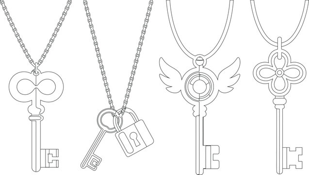Diverse collection of fantasy inspired keys on chains including a winged key and padlock