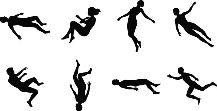 Floating Human Silhouette Collection Falling and Flying Body Poses Vector Set
