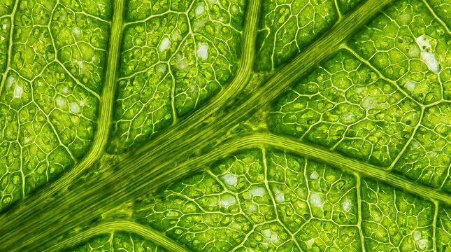 Extreme close up view of leaf structure showing complex network of veins and cell patterns highlighting biological nature details with vibrant green colors in light.
