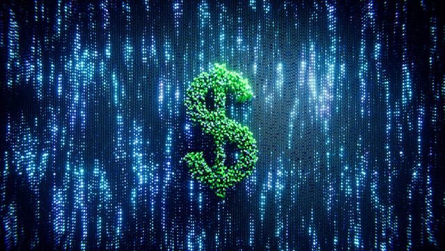 Glowing dollar symbol in blue financial technology data background.