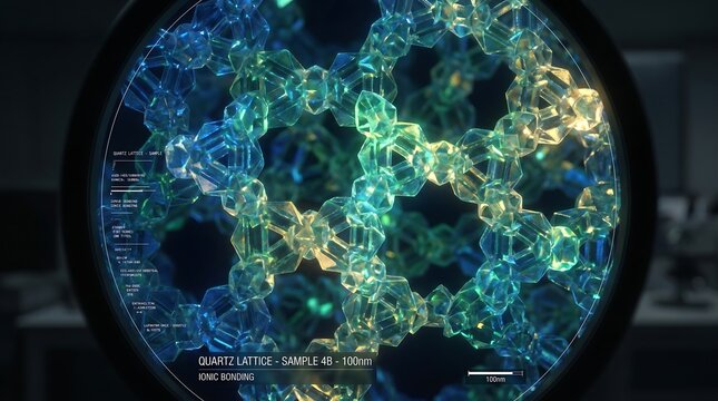 Close up view of quartz lattice structure on microscopic level showing ionic bonding in shimmering colorful geometrical pattern digital visualization science technology.