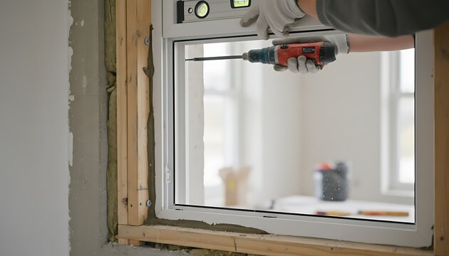 Skilled construction worker accurately installs new window frame using a power drill and level
