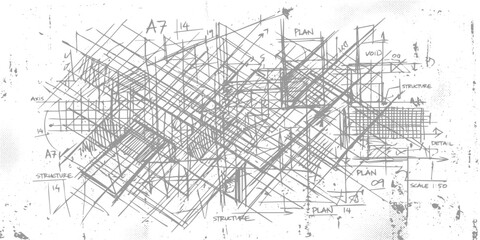 Fototapeta premium Black and white abstract grunge architectural blueprint design illustration