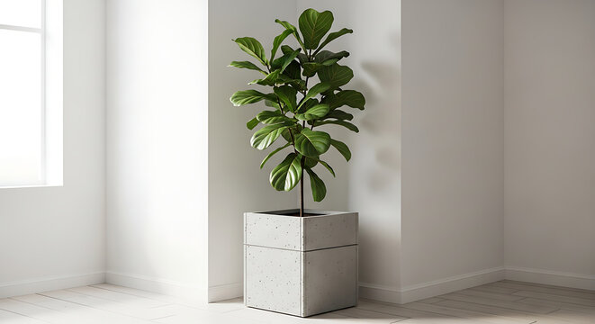 Potted fiddle leaf fig plant in modern minimalist bright corner of interior room