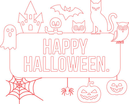Happy Halloween banner surrounded by various festive holiday creatures and symbols