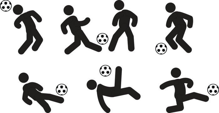 Set of black silhouette vector icons showing people playing soccer in various active athletic poses