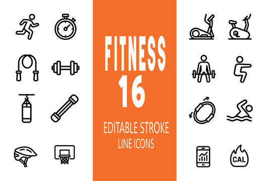 Set of 16 essential fitness, health, and sports training icons with editable strokes, perfect for gym applications, athletic tracking software, and wellness-focused design projects.