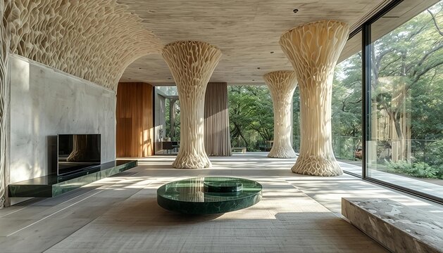 Avant Garde Luxury Living Room with Ivory Mycelium Walls and Jadeite Stone Furniture